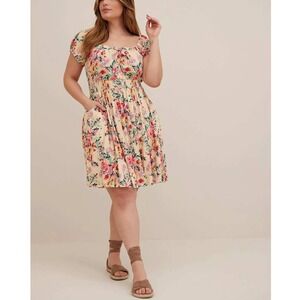 Torrid Mini Lenny Smocked Waist Knee Length Floral Dress Pink Beige Green 4X